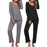 Ekouaer Womens 2 Pack Pajama Set Long Sleeve Pajamas Top and Pants V Neck Pjs Set Soft Sleepwear Loungewear
