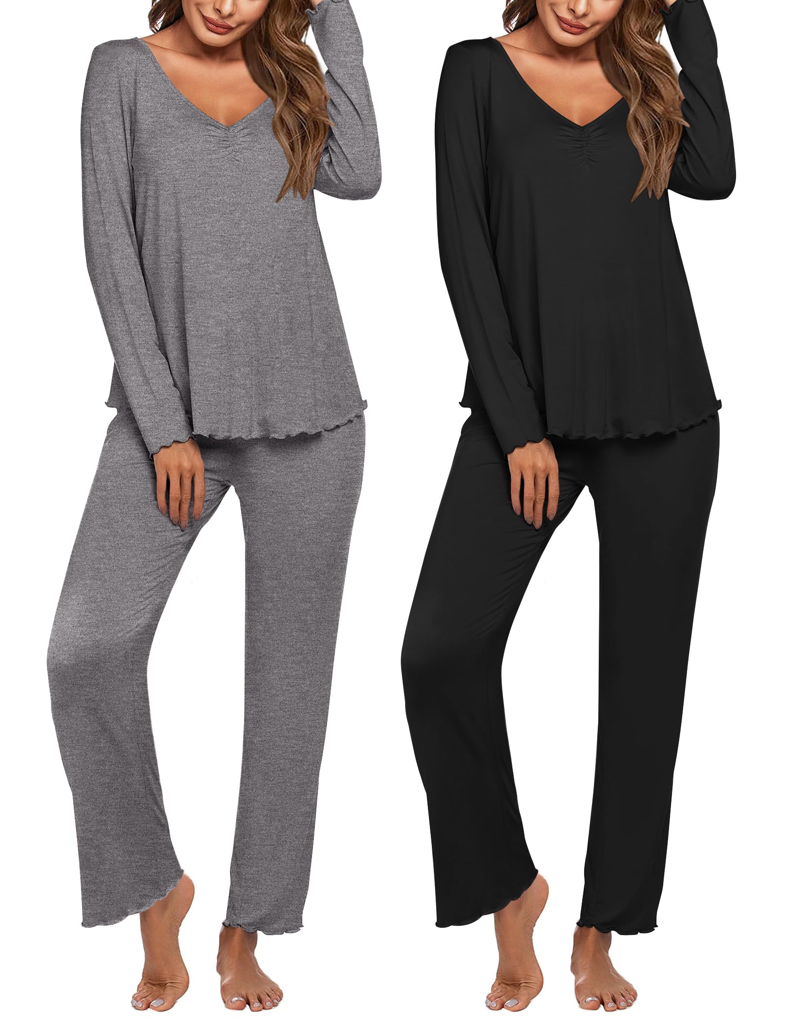 Photo 1 of ** NO GRAY PANT ** Ekouaer Womens 2 Pack Pajama Set Long Sleeve Pajamas Top and Pants V Neck Pjs Set Soft Sleepwear Loungewear Large 