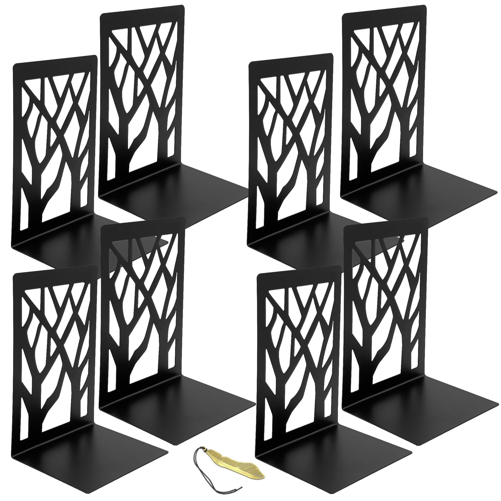 Mgood Metal Book Ends, 4 Pair Black for Shelves, Heavy Duty Holders, Non-Skid No Rusting, Unique Designs Stopper for Home, Office, Library