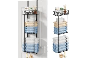 HapiRm Towel Rack Bathroom Storage - 3 Tier Over The Door Towel Rack with Metal Shelf Basket and 6 Hooks, Wall Mount Towel Holder, Rolled Towel Organizer for Small Bathroom (Black)