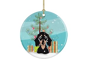 Caroline's Treasures Christmas Tree and Smooth Black and Tan Dachshund Ceramic Ornament Christmas Tree Hanging Decorations for Home Christmas Holiday, Party, Gift, 3 in, Multicolor