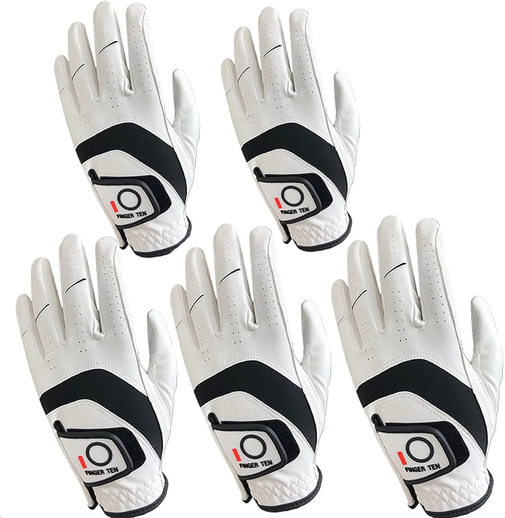 FINGER TEN Golf Gloves Men Left Hand Cabretta Leather 5 Pack All Weather