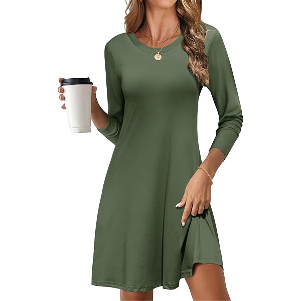 Huukeay Women's Pleated Front Crewneck Dress - Long Sleeve Knit Tunic With Pockets, Slim Fit, Knee-Length For Fall & Winter - View #6