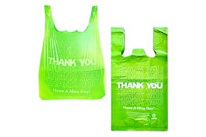 YoYoRain 100 Pack “Thank You” T-Shirt Bags – Green Plastic Shopping Bags with Handles, for Retail, Grocery, Supermarket, Takeout