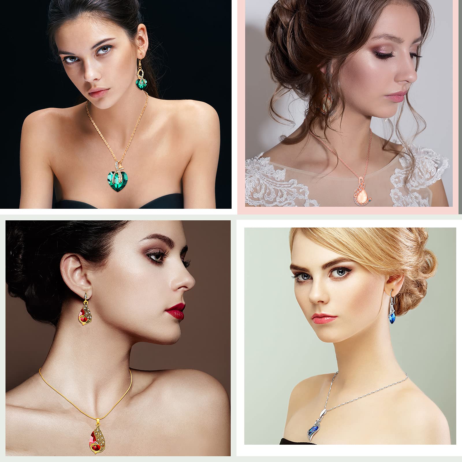 MTLEE 4 Set Peacock Jewelry Sets for Women Crystal Necklace Earrings Rhinestone Waterdrop Pendant Heart Charm Hook Earrings Indian Jewelry Set for Mother's Gift Valentine's Gifts Lover Ladies
