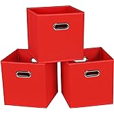 STOREONE Fabric Storage Bins Cubes Baskets Containers-(11X11X11) with Dual Handles for Shelf Closet, Nursery Home ， Bedroom Organizers, Foldable Set of 3 (Red)
