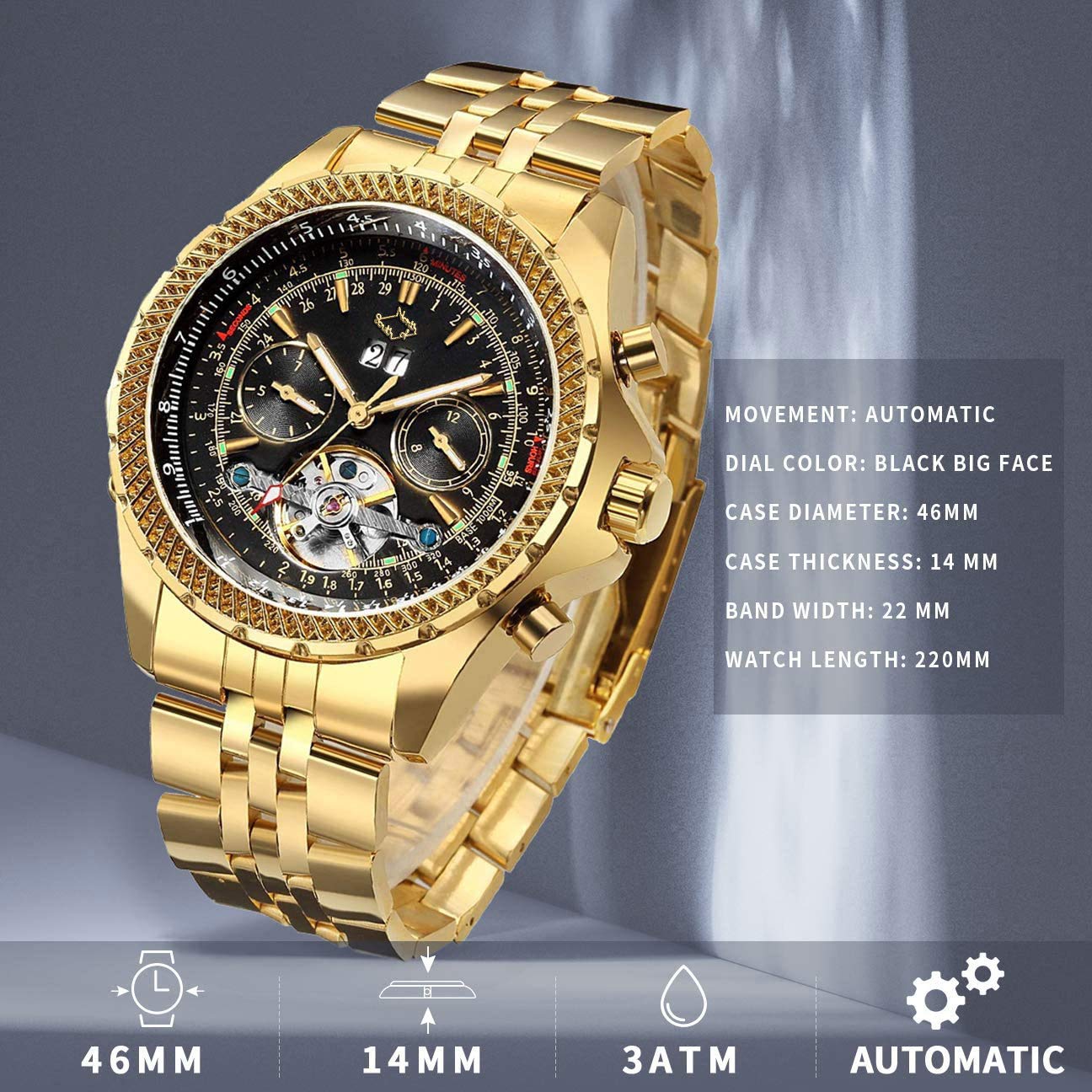 Gute Mens Watches, Mechanical Automatic Stainless Steel Waterproof Watch for Men, Luxury Big Face Multi Functional Tourbillon Calendar Wristwatch