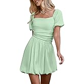 HYPERFIRE Women's Square Neck Short Puff Sleeve Bubble Dress Smocked Ruched Dresses Casual Wear