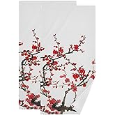BALMYPAUS 2 Pack Red Cherry Blossom Hand Towels Soft Absorbent Spring Asian Japanese Blooming Plum Flower Style Bathroom Decor 14"x28" Guest Face Bath Towels,Decorative Towels for Bathroom,Kitchen