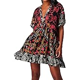 Women Bohemian Floral Mini Dress Y2K Babydoll V Neck Short Dress Loose Fit Patchwork Dress Beach