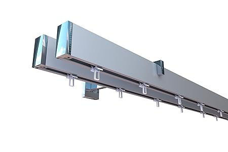Innenlauf Gardinenstangen Set eckig, 2-läufig, Aluminium silbert eloxiert / verchromt, 320 cm, kurzer Träger
