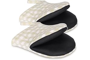 GOLDMEET 1 Pair Short Oven Mitts, Heat Resistant Silicone Kitchen Mini Oven Mitts for 500 Degrees, Non-Slip Grip Surfaces and Hanging Loop Gloves, Baking Grilling Barbecue Microwave Machine Washable