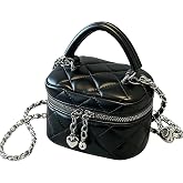 Mini Box Crossbody Bag, Silver Quilted Metallic Purse with Chain Strap, Top Handle &amp; Heart Charm, Women's Evening Clutch