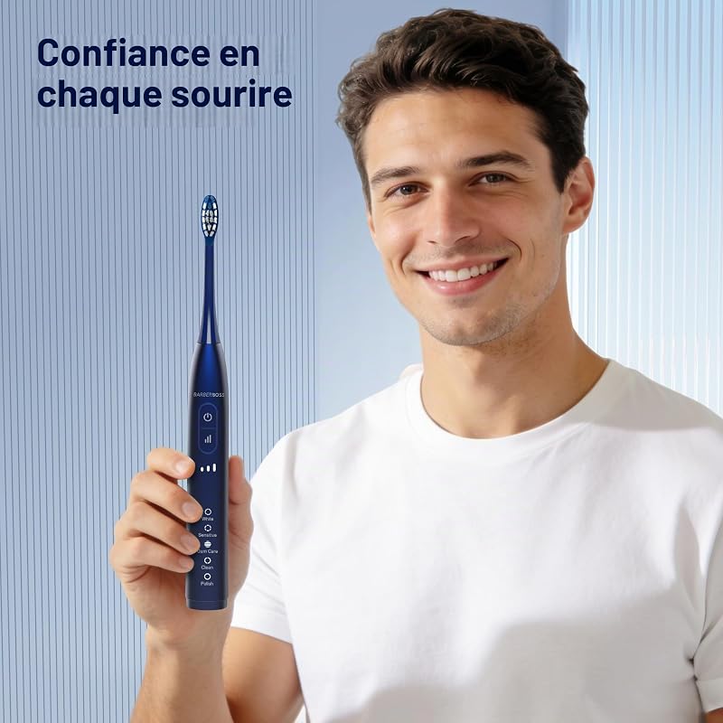 Brosse à dents sonique pour adultes, brosse à dents électrique rechargeable avec 5 modes de nettoyage, 3 niveaux d'intensité, capteur de pression intelligent (Bleu Marine)