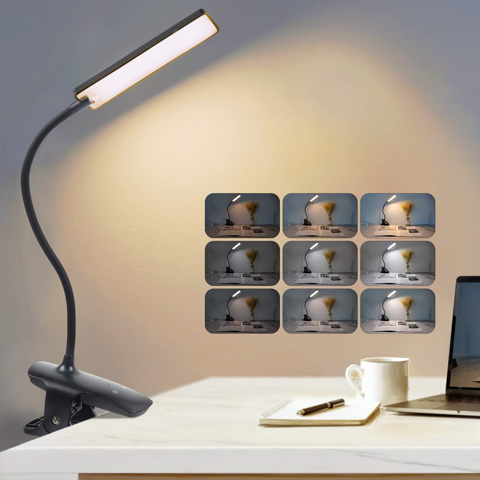 Clip-on 3 Mode 24 LED Book Light for Reading, Eye Care Night Light with Flexible Neck, Touch Control, USB Rechargeable Desk Lamp for Music Stand, Travel (Black)