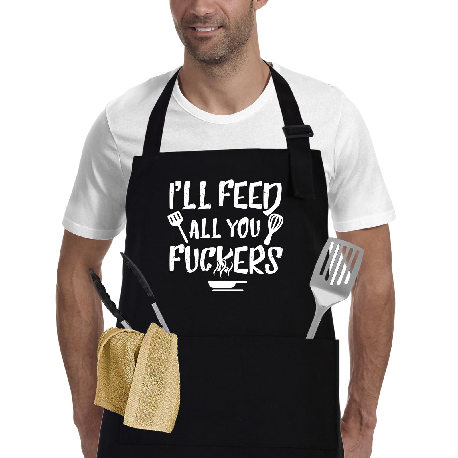 APRONPANDA I'll Feed All You - Funny Black BBQ Chef Aprons for Men Women with 2 Pockets - Gifts for Men, Birthday Gifts for Husband, Son, Boyfriend- Kitchen Cooking Grilling Apron