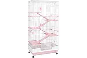 PawHut 6-Level Small Animal Cage Rabbit Hutch with Wheels, Removable Tray, Platform and Ramp for Bunny, Chinchillas, Ferret, Pink