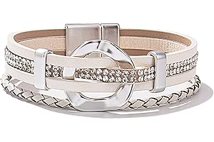 FANCY SHINY Leather Cuff Bracelet Circle Rhinestone Wrap Bracelet Stackable Multi Layer Wristband with Clasp Boho Jewelry Gift for Women