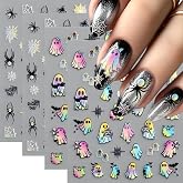 4 Sheets Holographic Halloween Nail Stickers Pastel Ghost Spider Web Decals | Self-adhesive holographic nail stickers with pastel ghosts and spiders. A quick, cute Y2K Halloween look for easy DIY art