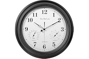SKYNATURE 18 Inch Large Outdoor Clock, Silent Battery Operated Waterproof Wall Clock with Thermometer, Non Ticking Round Retro Indoor Outdoor Clock for Patio, Pool, Garden. Living Room, Kitchen Decor - Black