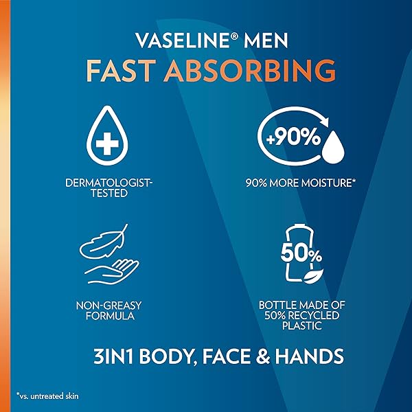 VASELINE MEN FAST ABSORBING 3-IN-1 FACE, HANDS & BODY LOTION FOR MEN, FOR DRY SKIN, ABSORBS IN JUST 15 SECONDS FOR MOISTURIZED SKIN 20.3 OZ