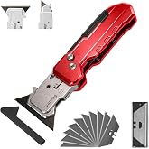 Utility Knife Scraper, 2in1 Folding Razor Blade Scraper, 10PCS Extra Blades | Scraper tool with 10PCS SK5 Extra Blades for Home Office, Heavy Duty Zinc Alloy Body, Built-In Blade Storage