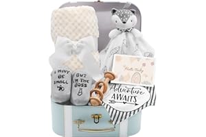 IAOVUEBY Baby Shower Gifts, Baby Boy Gifts Basket Includes Newborn Blanket Baby Lovey Security Blanket Wooden Rattle Toy, Funny Baby Bibs Socks & Greeting Card (Fox White)