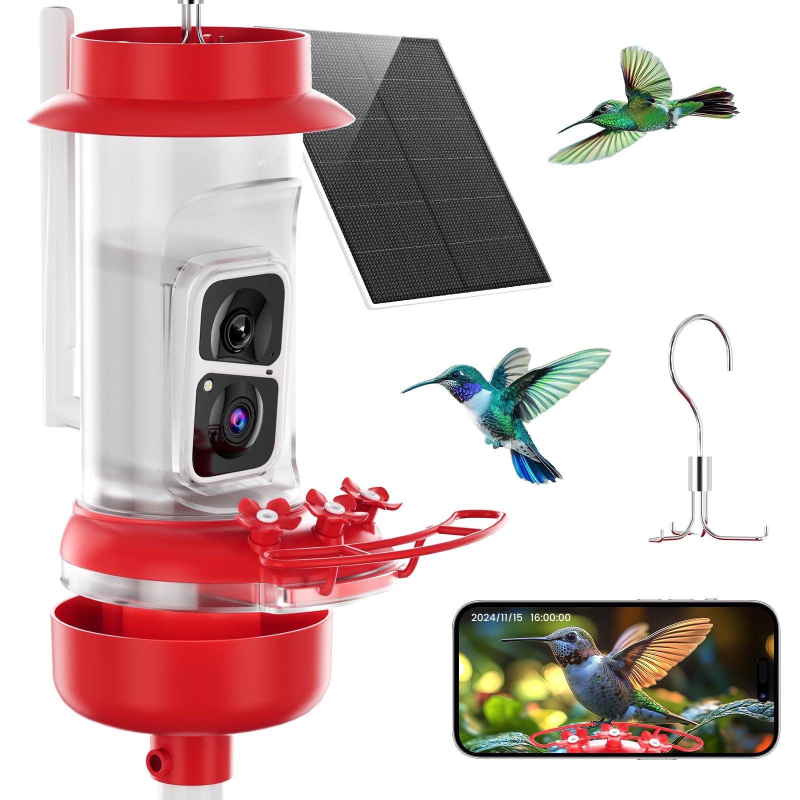 Photo 1 of Soliom Hummingbird Feeder with Camera, Smart Feeder Camera with 2K Live View AI Identify, Leak Proof&Ant Moat&Bee Proof, Outdoor Pole/Hook Hanging, Ideal Gift for Family, 16 OZ with Solar Panel Red ?