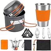 aiGear 8pcs Camping Cookware Mess Kit, Camping Pot and Pan Set with Mini Backpacking Stove, Stainless Steel Cup, Spork and Tank Bracket, Cooking Gear for Hiking Camping Outdoor Picnic