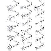 Wrlcorly 17Pcs Nose Rings Studs 20G Surgical Stainless Steel L Corkscrew Bone Shaped Nose Studs Butterfly Flower Heart Star Square Round CZ Nostril Piercing Jewelry for Women Silver Plated