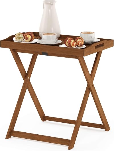 Furinno TIOMAN Outdoor Table, Foldable, Removable Tray, Natural Wood