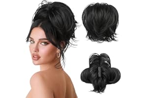 HOOJIH Messy Bun Hair Piece, Claw Clip in Straight Hair Bun 9 Inch Short Ponytail Extension with Bendable Metal Wire Hair Pieces for Women Fake Hair Bun DIY Styles - Black
