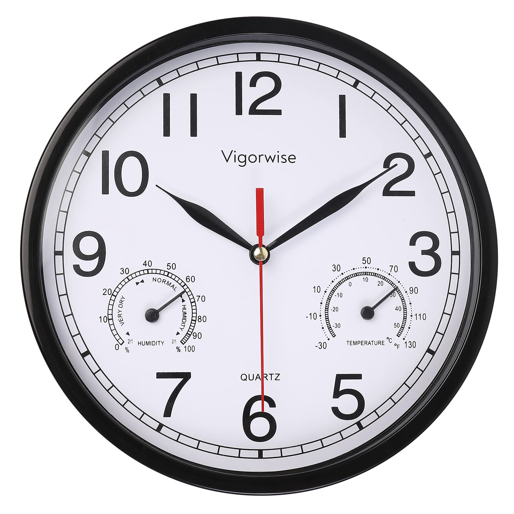 Vigorwise Wall Clock, Sweep Silent Movement Accurate Clocks with Temperature & Humidity, Decorative for Kitchen/Living Room/Bedroom/Office/School/Classroom (Black, 8 inch)