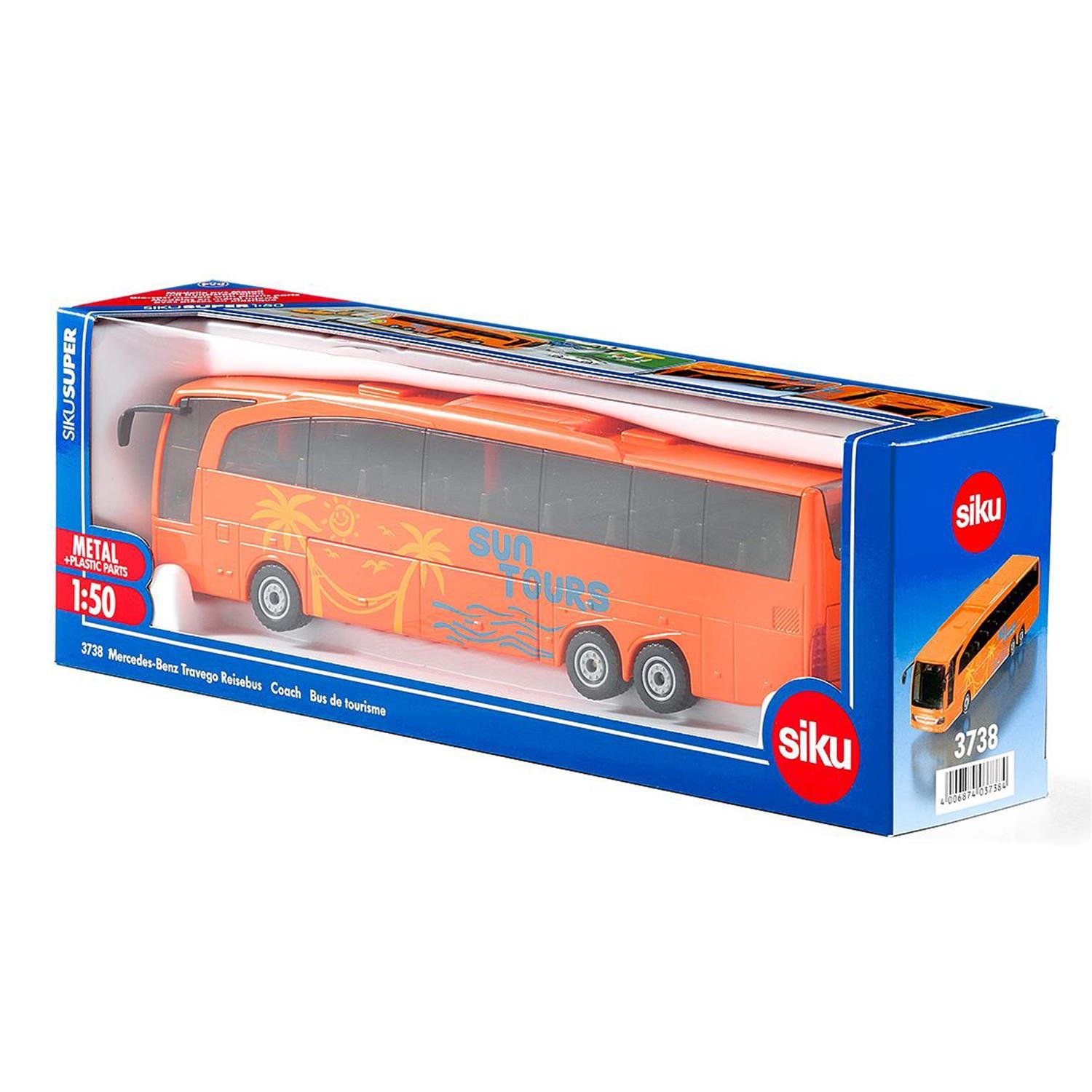 siku 3738, Mercedes-Benz Travego Coach, 1:50, Metal,Plastic, Orange, Functional doors and luggage compartment — image 1