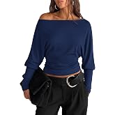 PRETTYGARDEN Womens Off The Shoulder Batwing Long Sleeve Top | Asymmetrical Off Shoulder Cinched Waist Shirts, Soft Knit, Dressy Casual Blouses, Going Out Tops, Fall Fashion Winter Clothes
