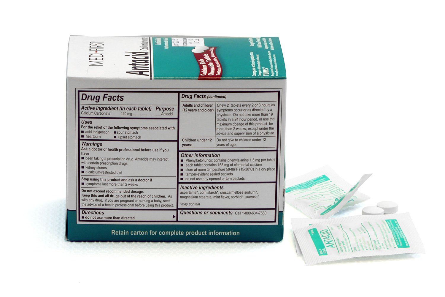 Medi-First 80233 Chewable Mint Antacid Tablets, 100 Count