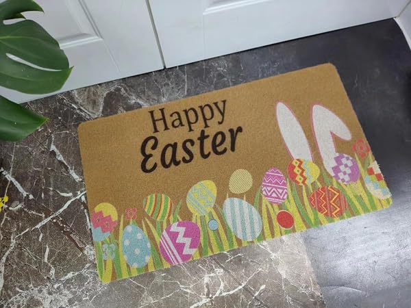IZUS SPRING HAPPY-EASTER WELCOME-DOORMATS NON-SLIP-COIR OUTDOOR-ENTRANCE-DECOR – FRONT-DOOR-MAT INDOOR HOME PORCH COLORFUL-EGGS/BUNNY-EARS/TULIPS-FLORAL DECOR 17X29INCH