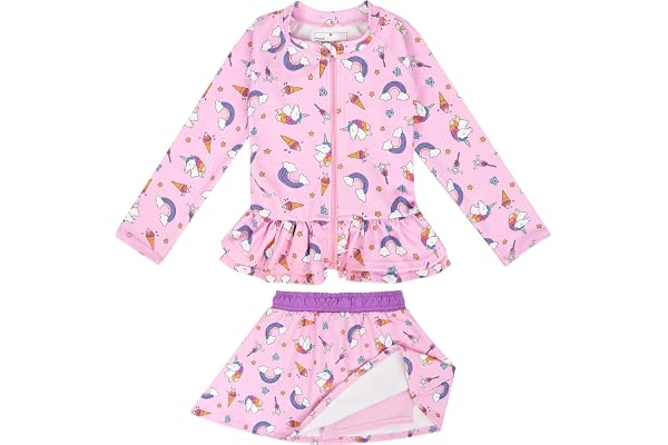 MooMoo Baby Girls Swimsuits, 2 Piece Toddler Rash Guard Swimsuit Sets, Swimwear with Long Sleeve Top & Skirts