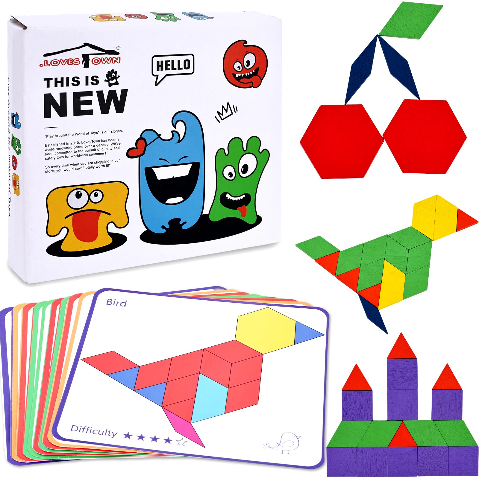 Photo 1 of LovesTown Wooden Pattern Blocks Set for Kids, Geometric Shapes with Learning Cards, 150 PCS Educational Puzzle Toy