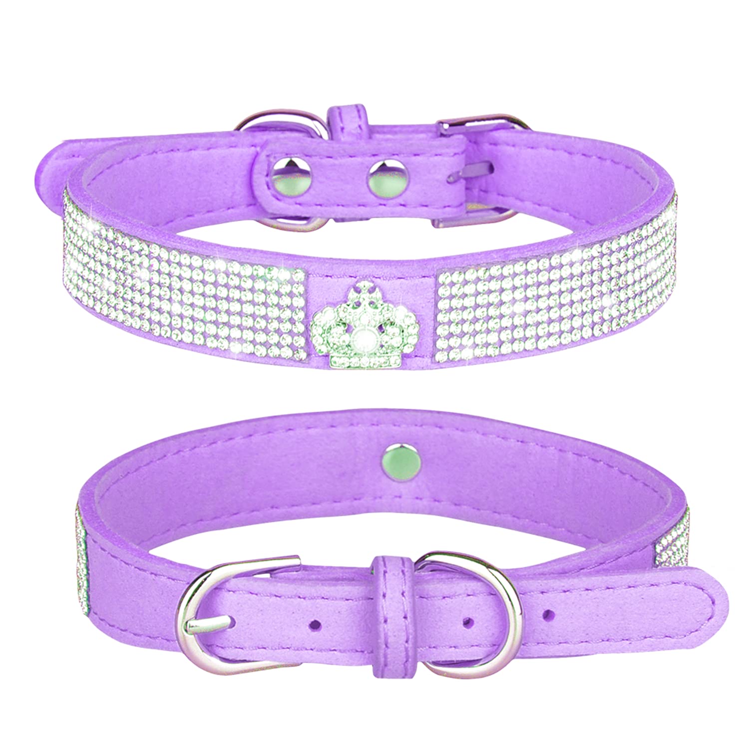 Haoyueer Rhinestone Dog Collar, Cute Dazzling Sparkling Soft Suede Leather Dog Cat Rhinestone Collar Crystal Diamond Pet Dog Puppy Collar (L, Purple-4)