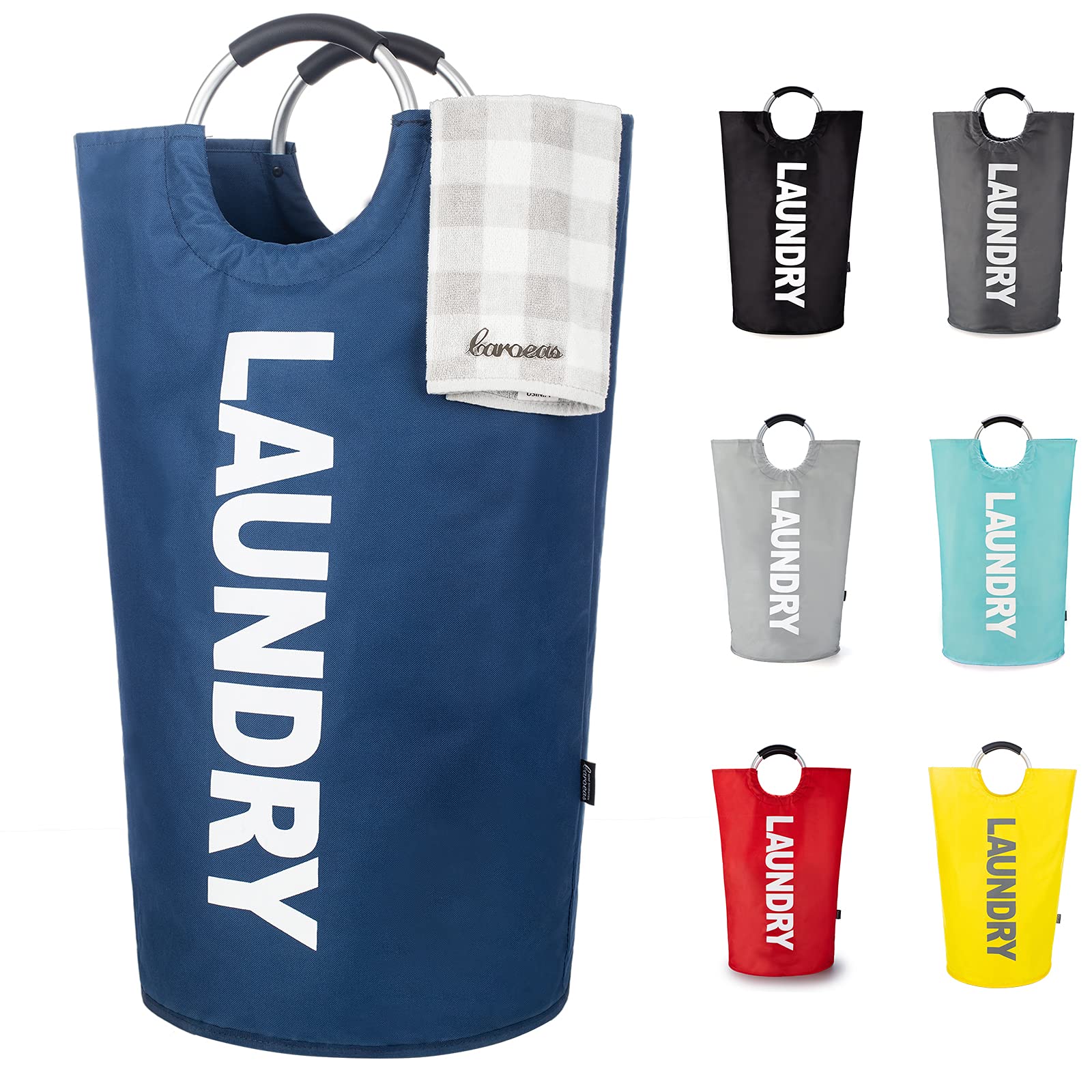 Caroeas 100L Laundry Basket,Large Laundry Hamper, Laundry Bag with Padded Handles, Clothes Hamper Stands Up Well, Collapsible Free Standing Easy Storage Washing Bin (Navy Blue,100L)