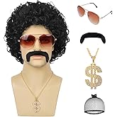 YTbeauty 70s 80s Disco Wig with Mustache Sunglasses Necklace Golden Chain Short Afro Curly Wig for Men 60s Rocker Hippies Costume Cosplay Halloween Party(Black)