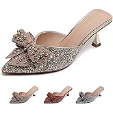 Women's Rhinestone Bow Glitter Kitten Heel Mules Closed Pointed Toe Fashion Backless Slip On Sparkly Stiletto Heeled Sandals for Wedding Bridal Party Dress