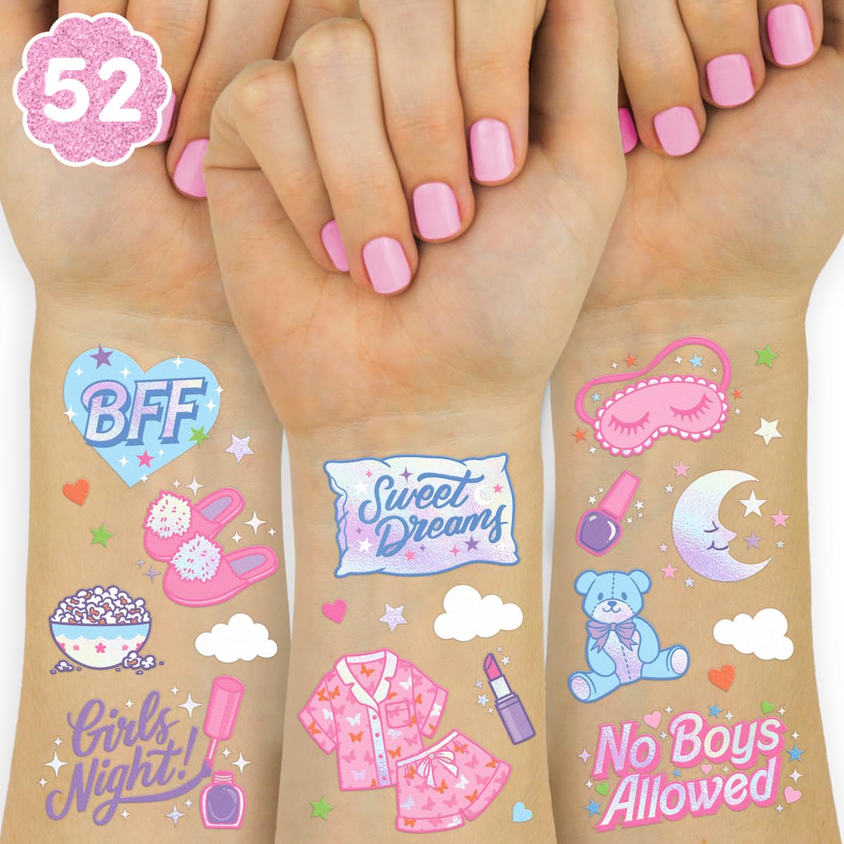 Photo 1 of xo, Fetti Pink Sleepover Party Temporary Tattoos for Girls - 52 styles | Pink Birthday Party Supplies, Girls Movie Night Goodie Bag Favors, Cute Bday Decorations, Easter Basket, Stocking Stuffer