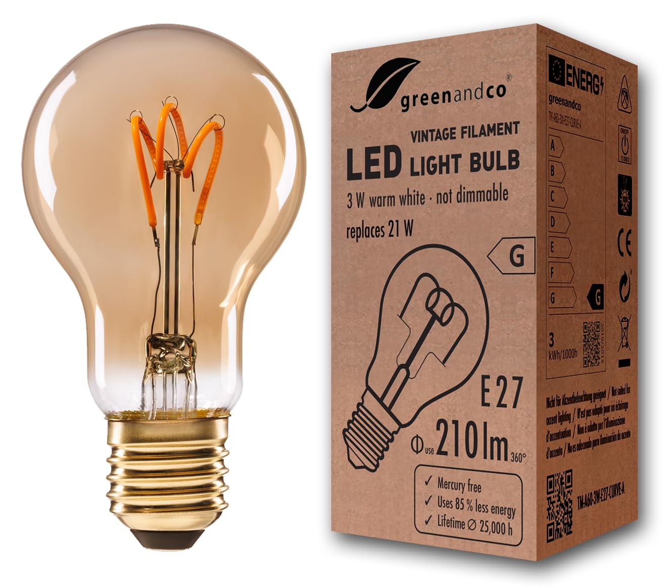 greenandco® E27 A60 LED Vintage Filament Bulb 3W Replaces 21W 210lm 2000K Extra Warm White 360° 230V, no Flicker, not dimmable — image 1