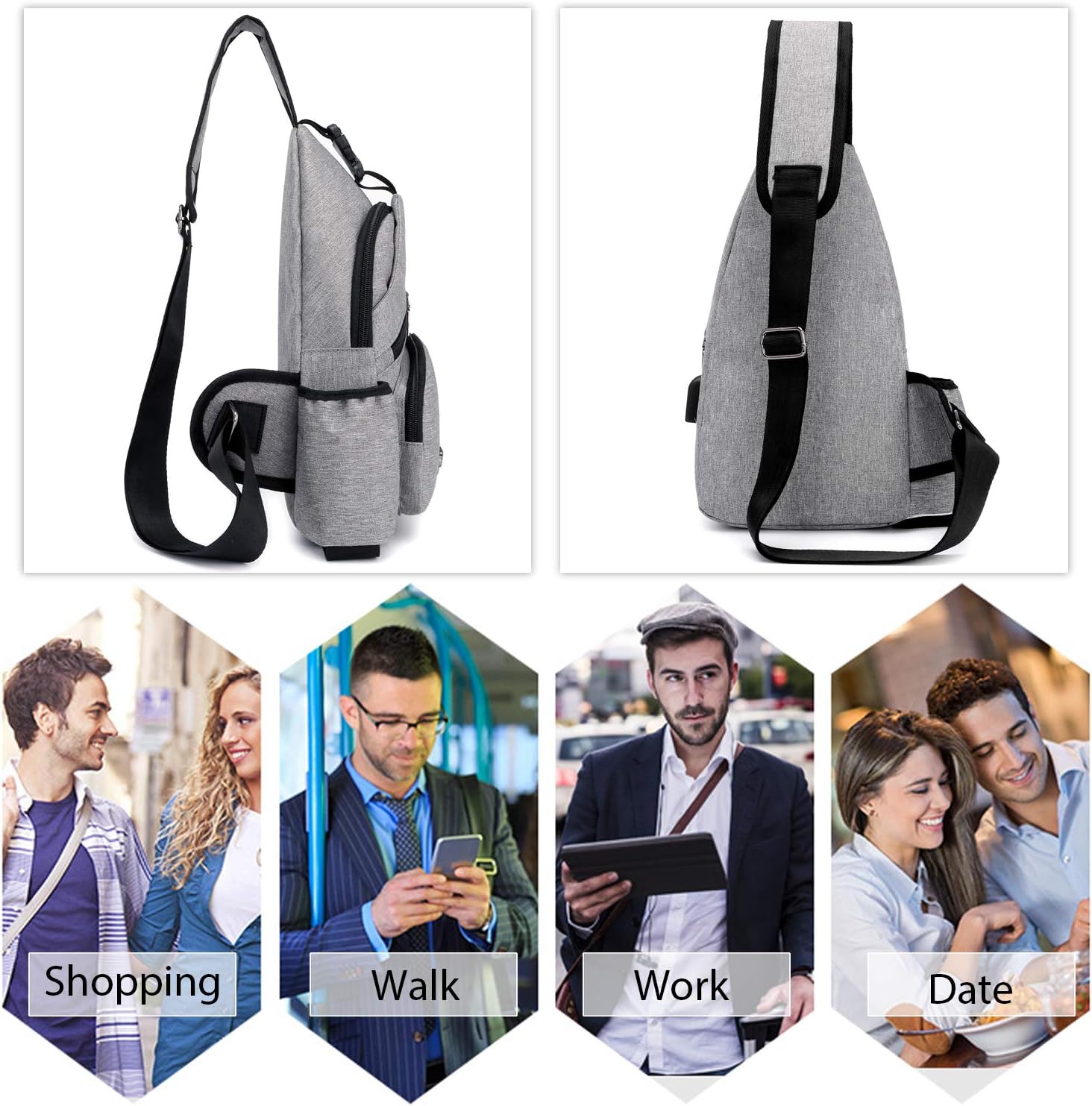 FANDARE Men Sling Bag Chest Pack Women Crossbody Bag with USB 7.9 inch Tablet Shoulder Bag for Travel Cycling Camping Hiking Waterproof Polyester Light Gray - Image 4