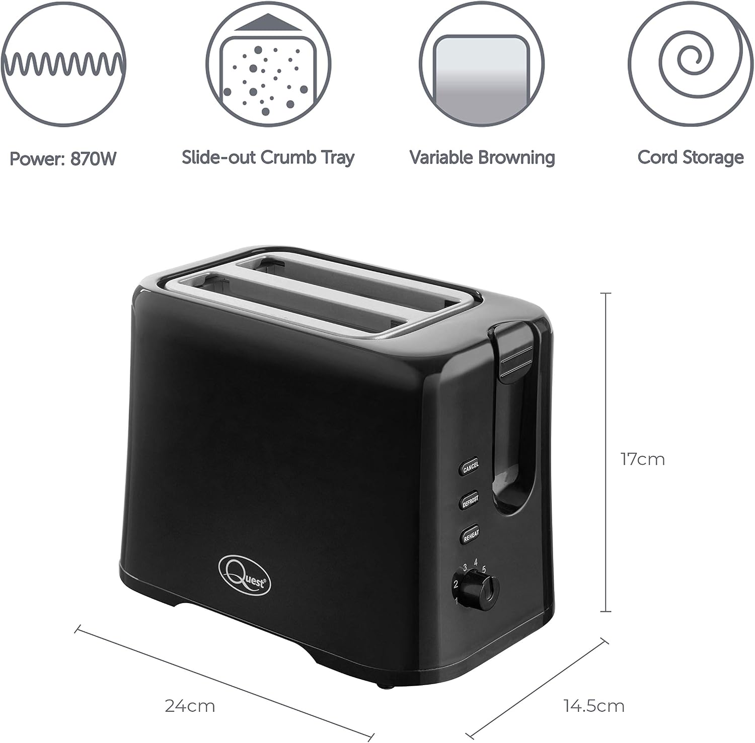 Quest 2 Slice Toaster/Variable Browning Control/Reheat and Defrost/Crumb Tray and Cord Storage/Black / 870W - Image 3