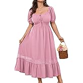 SCOMCHIC Women's Plus Size Dresses Summer Milkmaid Short Sleeve Square Neck A Line Lace Trim Boho Maxi Dress