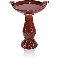 Alpine Corporation 25" Tall Outdoor Ceramic Antique Pedestal Birdbath with 2 Bird Figurines, Red