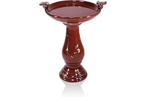 Alpine Corporation 25" Tall Outdoor Ceramic Antique Pedestal Birdbath with 2 Bird Figurines, Red